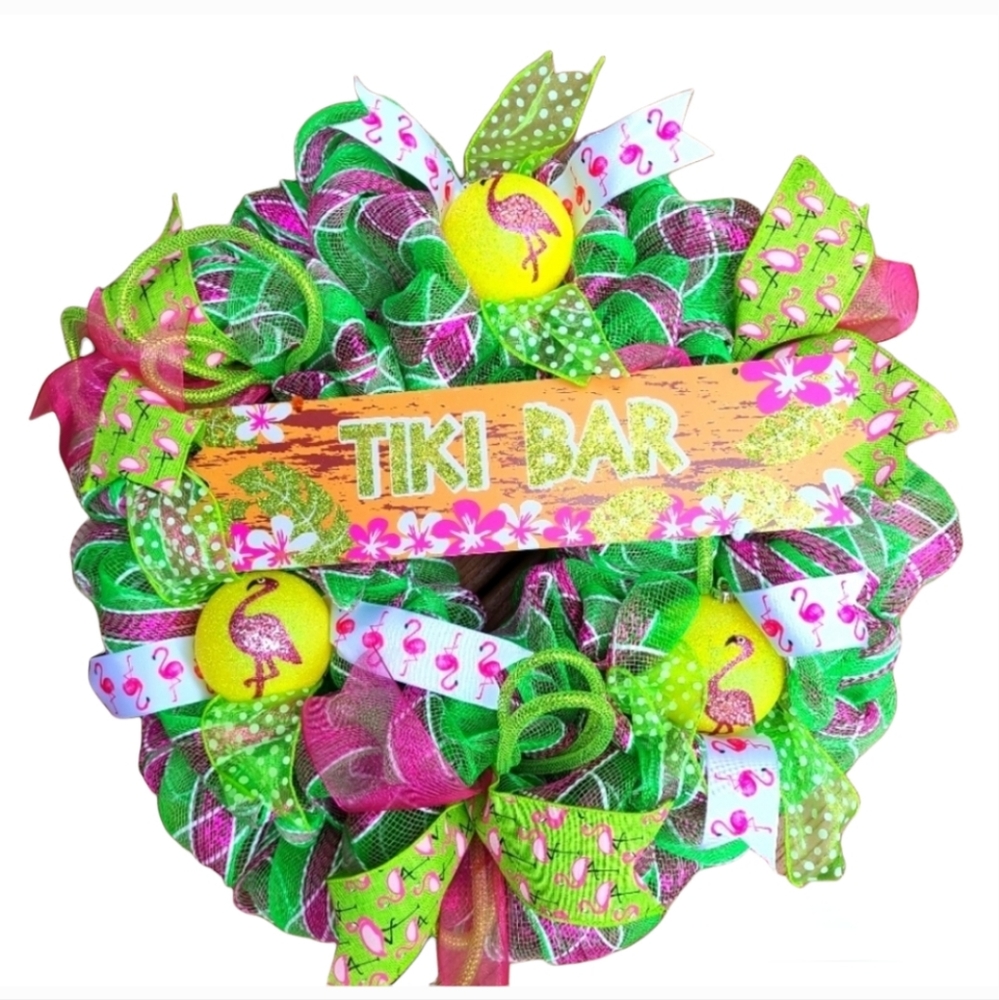 🦩HANDMADE SUMMER FLAMINGO DECO MESH WREATH TIKI